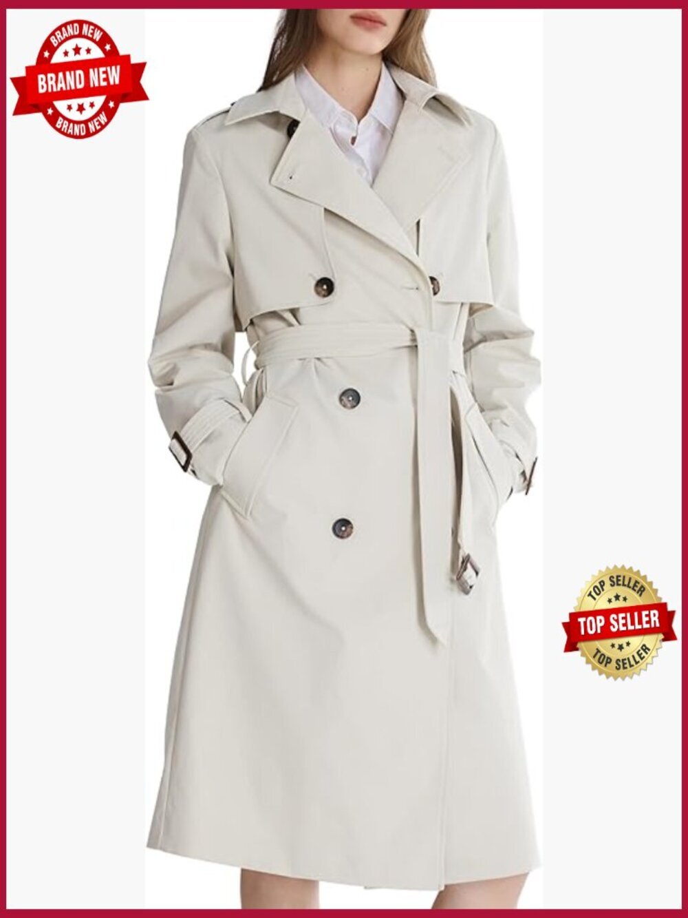 3/4 Length Double Breasted Trench Coat with Belt